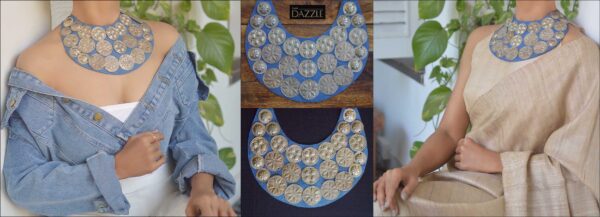 ribal Bib necklace with Afghani accents on Denim fabric