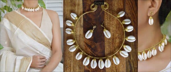 Cowrie shell necklace on brass wire with earrings