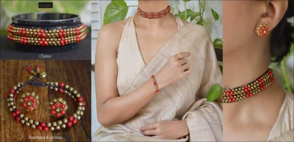 Coral and brass beaded choker with handband and earrings