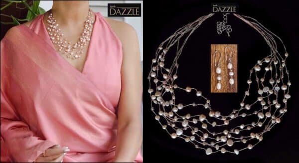 8 layered fresh water pearl salmon pink exclusive necklace with crystals and earrings