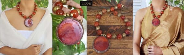 Old Roman carved carnelian Intaglio pendant with carnelian and brass beads