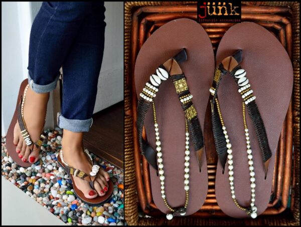 HANDCRAFTED SLIPPERS WITH COWRIE SHELLS AND AGATE BEADS