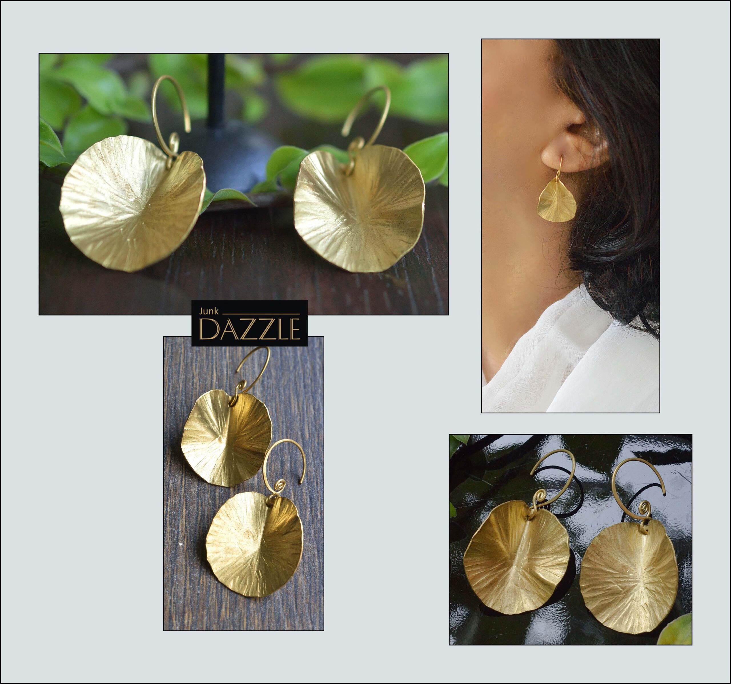 Brass hammered water lily pad Earrings - Junk Dazzle