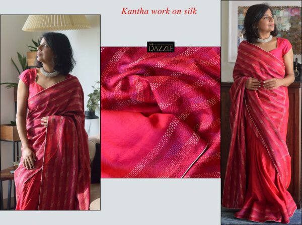 Elegantly designed kantha work on silk with cream silk selvedge