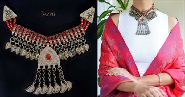 Coral beaded kutchi necklace with afghani pendant