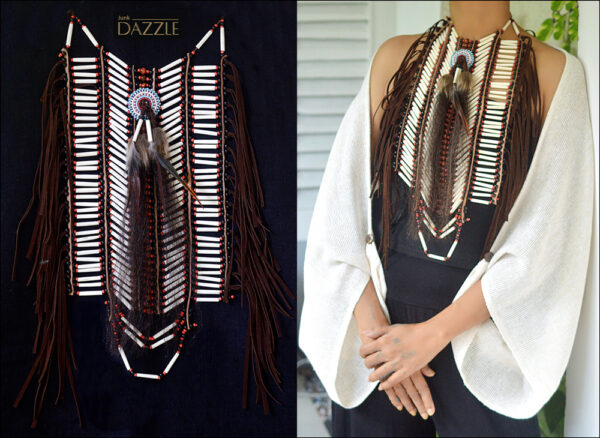 Native American styled handcrafted breastplate with bone pipes, leather, beads and feathers