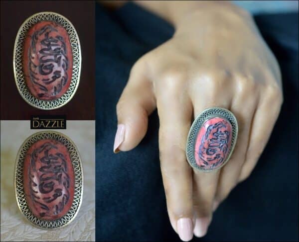 Tribal Afghani salmon pink ethnic intaglio ring with arabic engravings