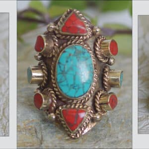 Tibetan Coral and Turquoise Ring (adjustable)