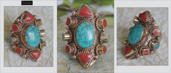 Tibetan Coral and Turquoise Ring (adjustable)