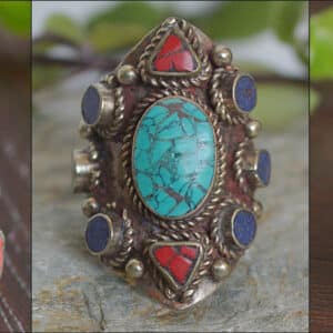 Tibetan Coral, Lapis and Turquoise Ring (adjustable