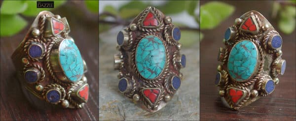 Tibetan Coral, Lapis and Turquoise Ring (adjustable