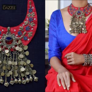 Hand embroidered silk bib with Afghani kutchi pendant