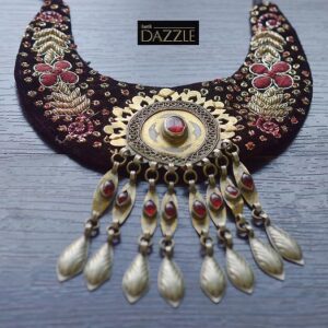 Zardozi work velvet bib necklace with Gold washed Turkoman pendant- JD4022