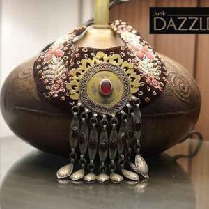 Zardozi work velvet bib with Gold washed Turkoman pendant- JD4022