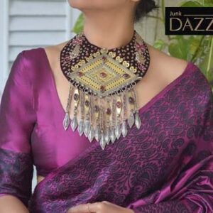 Zardozi work velvet bib with Gold washed teke tribal amulet Turkoman pendant- JD4021(A)