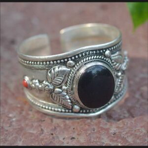 Tibetan Single piece Open Cuff bracelet with Onyx (Adjustable)