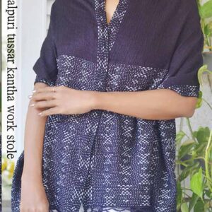 Bagalpuri steel grey combination tussar kantha work stole product in use image