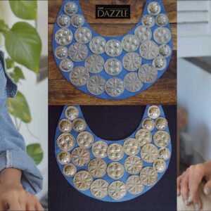 ribal Bib necklace with Afghani accents on Denim fabric