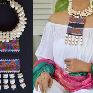 Cowrie shell collar with Hmong Hill Tribe embroidered fabric pendant