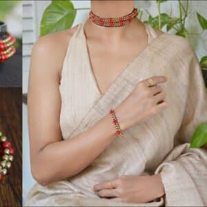 Coral and brass beaded choker with handband and earrings