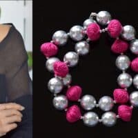 South sea faceted shell pearl and hot pink thread balls necklace with earrings