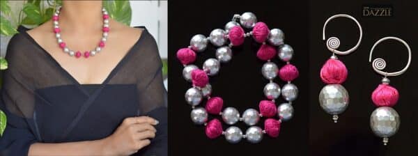 South sea faceted shell pearl and hot pink thread balls necklace with earrings