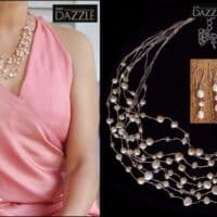 8 layered fresh water pearl salmon pink exclusive necklace with crystals and earrings