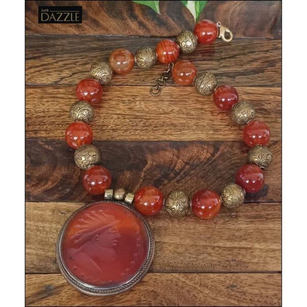 Old Roman carved carnelian Intaglio pendant with carnelian and brass beads