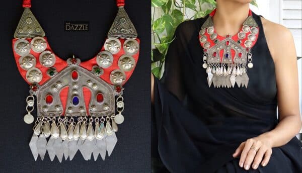 Bib necklace with old Afghani pendant and metal accents