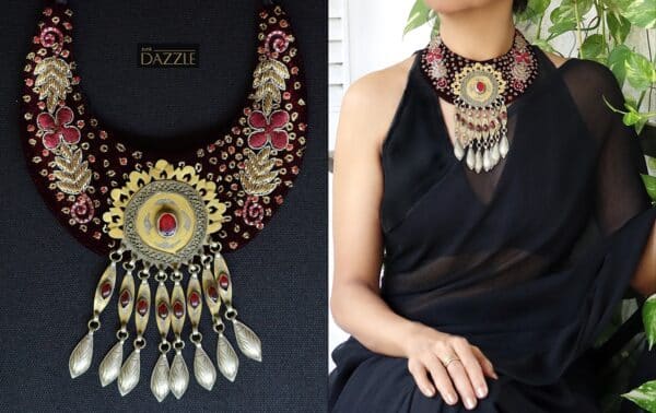 Zardozi work velvet bib with Gold washed Turkoman pendant