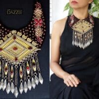 Zardozi work velvet bib with Gold washed Turkoman pendant