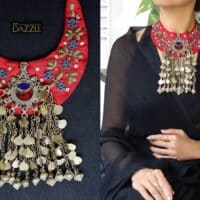 Hand embroidered silk bib with Afghani kutchi pendant